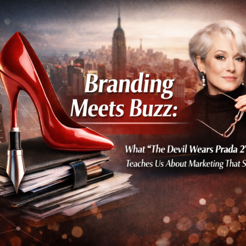 Branding and marketing concept inspired by The Devil Wears Prada, featuring fashion elements and business strategy visuals highlighting brand positioning and marketing impact.